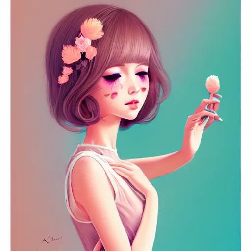 Image similar to young female in summer dress art, pastel light pink long hair, muted colors, matte print, pastel colors, ornate, digital art, digital painting, fan art, elegant, artstation, head is centered, by Ilya Kuvshinov