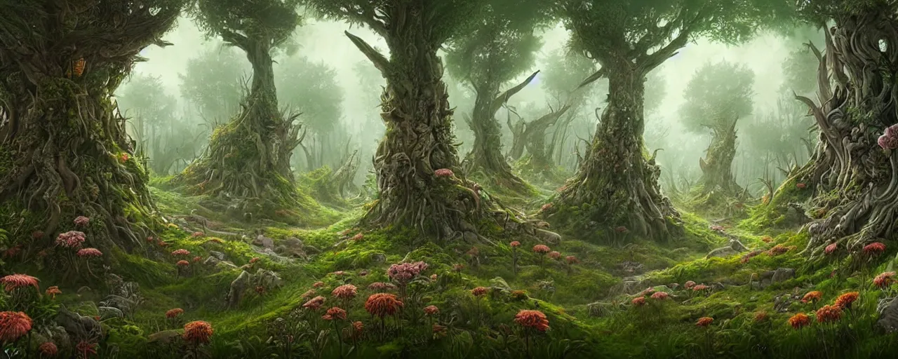 Prompt: an intricate concept art of a fantasy forest, large trees, wild flowers, fluffy creatures, art by ian mcrue, highly detailed