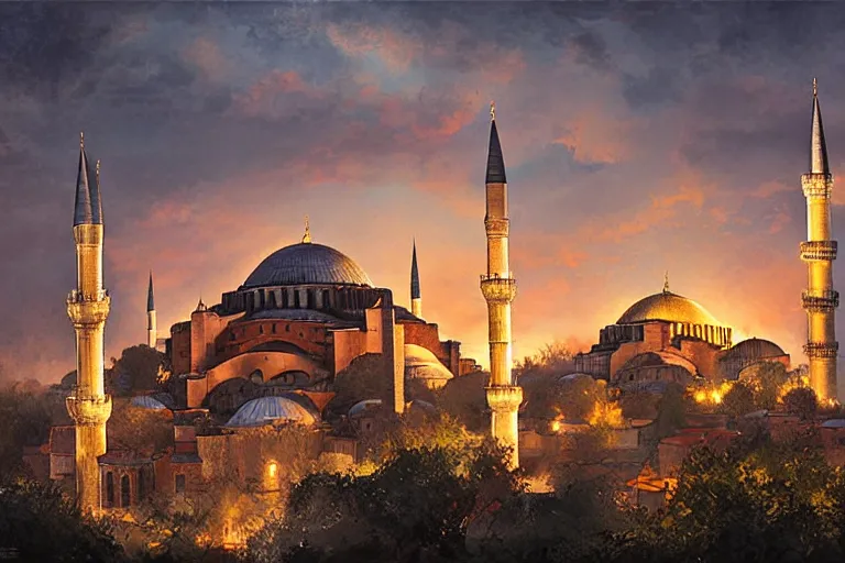 Image similar to historicaly accurate medieval istanbul and hagia sophia scenery landscape, lord of the rings,, rule of thirds, sunset, highly detailed, perfect lighting, perfect composition, 4 k, artgerm, derek zabrocki, greg rutkowski