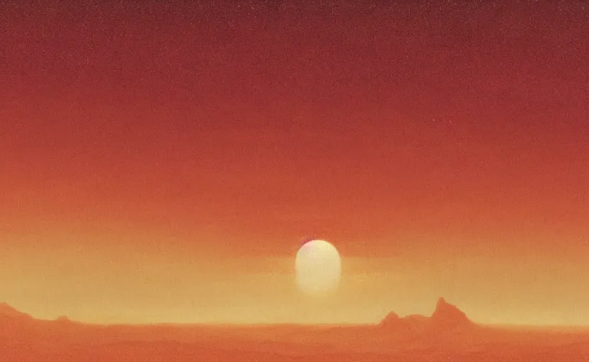 Prompt: Hazy red atmosphere surface of Titan, close up shot, rocky, at dusk, distant mountains, 4k, rule of thirds, extreme detail, hazy, intricate ink illustration, surreal, surrealist, trending on artstation, cgsociety, hd, calm, complimentary colours, realistic lighting, by Albert Bierstadt, Frederic Edwin Church.