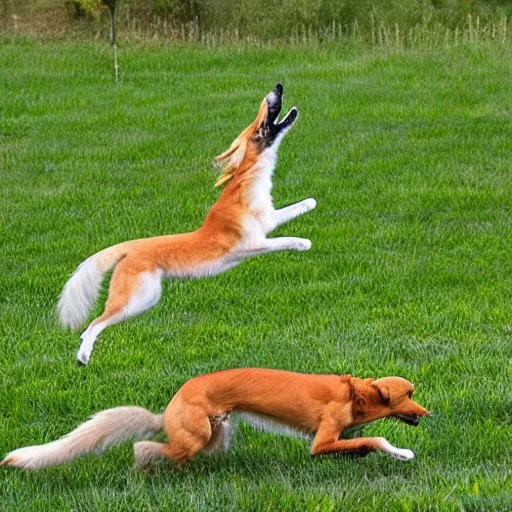 Prompt: fox jumping over a lazy golden retriever