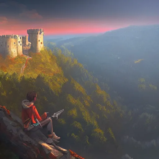 Image similar to a traveler on a mountain overlooking a castle in a valley, game art, digital painting, golden hour,