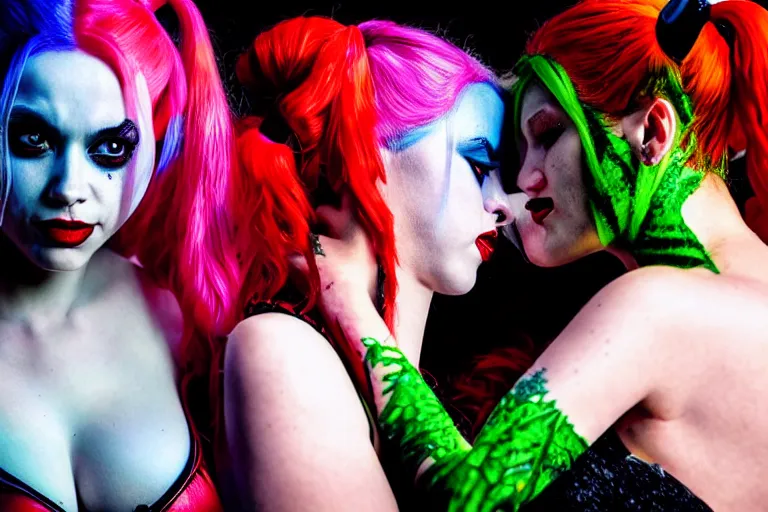 Prompt: steamy photoshoot of harley quinn and poison ivy making out. photo - realistic hd, hyperrealism, colourful, highly detailed, cinematic, luminescence, 3 2 k, dop, high contrast, intricate, mystery, epic, fantasy
