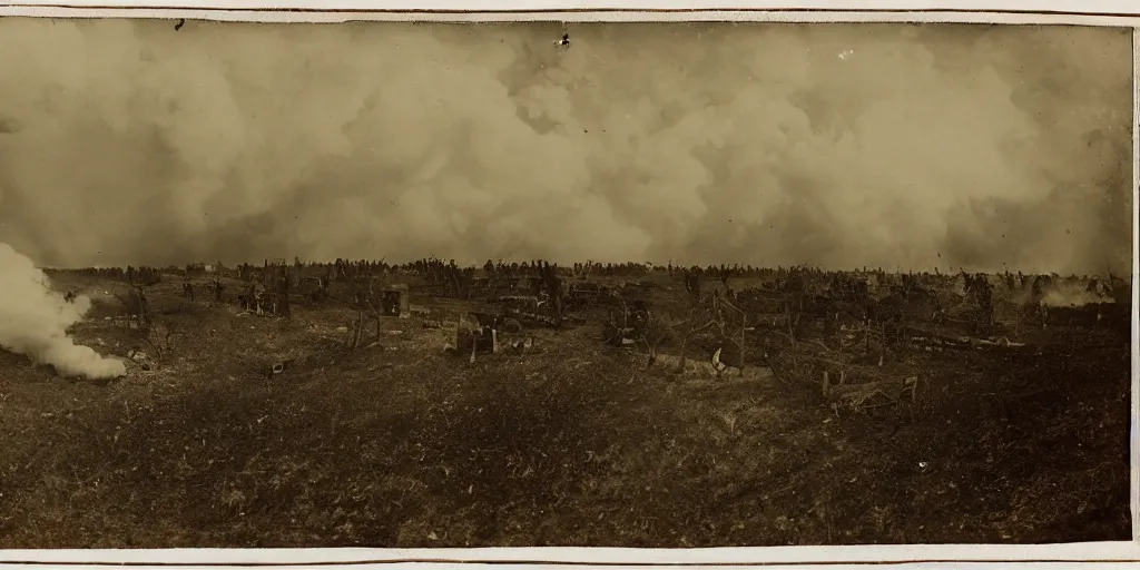 Prompt: american civil war trench battle, deep trenches in the ground, shots fired, clouds of smoke, explosions, aerial view, 1864 tintype photograph