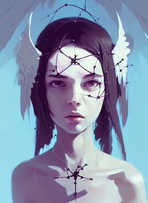 Image similar to portrait of cute angel maiden girl with crown of thorns and white short hairs, warhammer, cyberpunk, by atey ghailan, by greg rutkowski, by greg tocchini, by james gilleard, by joe gb fenton, by kaethe butcher, dynamic lighting, gradient light blue, brown, blonde cream and white color in scheme, grunge aesthetic