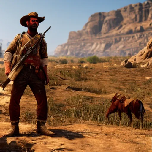 Image similar to concept art of a Kurdish peshmerga soldier in Red Dead Redemption 2, in Kurdistan, incredibly detailed, extremely high resolution, stunning