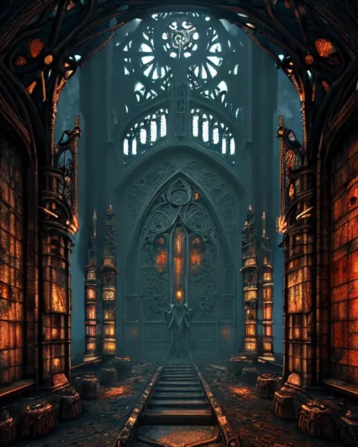 Image similar to steam necropolis, memento mori, gothic, neo - gothic, art nouveau, hyperdetailed copper patina medieval icon, stefan morrell, philippe druillet, ralph mcquarrie, concept art, steampunk, unreal engine, detailed intricate environment, octane render, moody atmospherics, volumetric lighting, ultrasharp, ominous, otherworldly