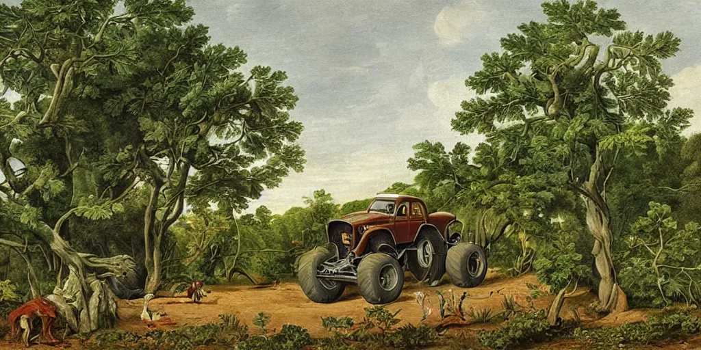 Image similar to Monster truck, plain white background, green leaves and trees, naturalistic, in the style of birds of america, painting by john james audubon