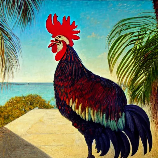 Image similar to a ultradetailed beautiful painting of a rooster in the amazonas palace balustrade designed by jules bastien - lepage, hans belmer, frank weston and gustave baumann, beach, trending on artstation, mediterranean, palm trees, refracted color sparkles, sharp focus, soft light, 8 k 4 k