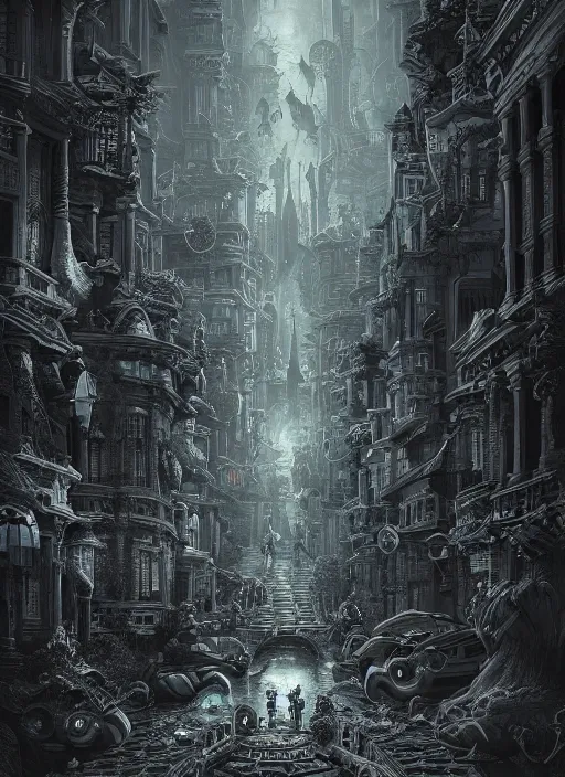 Prompt: a photorealistic dramatic hyperrealistic render of city of the lost by joe fenton, color poster art design, intricate details, beautiful dynamic dramatic dark moody tones and lighting, shadows, cinematic atmosphere, octane render, 8 k