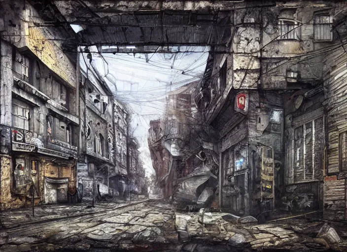 Prompt: street in belgrade, pov, jpeg artefacts on canvas, by seb mckinnon and james gurney and greg rutkowski, highly detailed, hdr