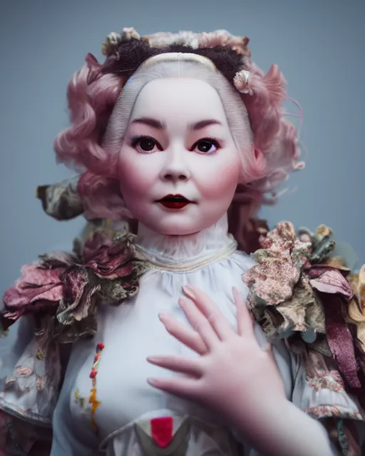 Image similar to high quality presentation photo of bjork as a porcelain doll, photography 4k, f1.8 anamorphic, bokeh, 4k, Canon, Nikon