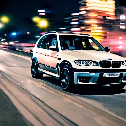 Prompt: photo of a bmw x 5 2 0 0 3 at night driving fast through a city, cinematic, 4 k, long exposure photography, tokyo drift, fast and furious, kodak portra 4 0 0