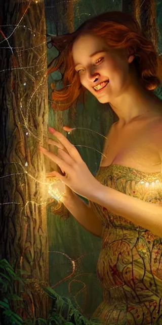 Image similar to young woman, serene smile, surrounded by firefly lights, full covering intricate detailed dress, amidst nature, long red hair, precise linework, accurate green eyes, small nose with freckles, beautiful smooth oval shape face, empathic, expressive emotions, dramatic lights, hyper realistic ultrafine art by artemisia gentileschi, jessica rossier, boris vallejo