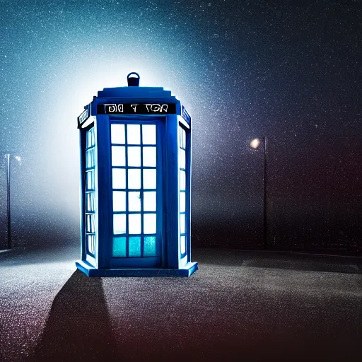 Image similar to a hyperdetailed photograph of the tardis sat on a futuristic street corner, night, dense fog, rain, hd, 8 k resolution