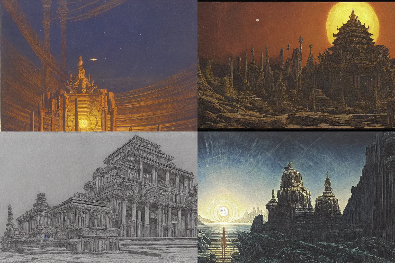 Prompt: the scorpio temple from saint seiya, at night, hyperdetailed, caspar david friedrich