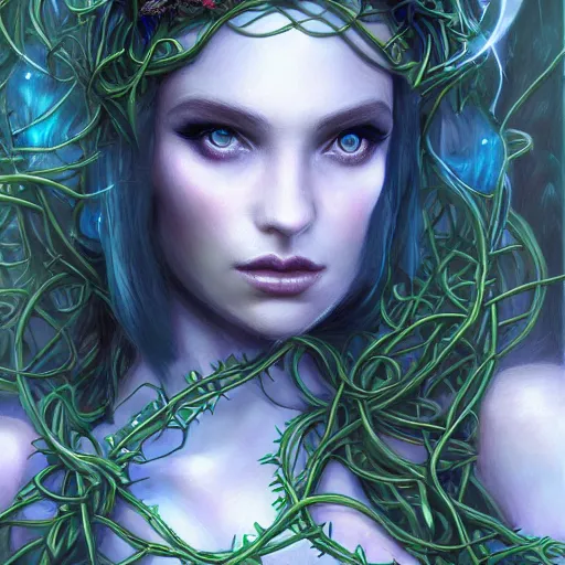 Image similar to detailed portrait of a dark fairy queen , realism, pale blue, emerald, sapphire, wearing a crown of vines, nest of vipers, moonlit, dark fantasy, dramatic lighting, cgsociety, artstation