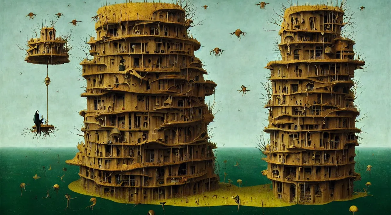 Prompt: single flooded simple!! hive bird tower anatomy, very coherent and colorful high contrast masterpiece by franz sedlacek hieronymus bosch dean ellis simon stalenhag rene magritte gediminas pranckevicius, dark shadows, sunny day, hard lighting