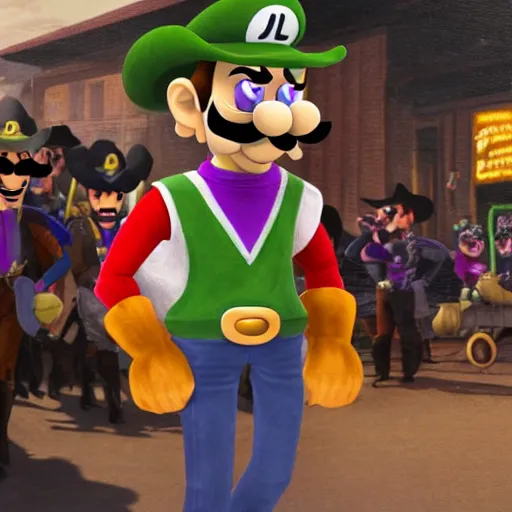 Prompt: waluigi from the mario series dressed as a cowboy fighting outlaws in a town, cinematic still frame oil painting, high detailed painting, greatly illustrated, photo - realistic painting )