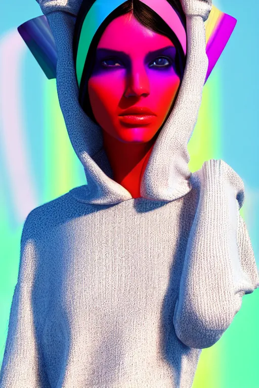 Prompt: stylish pullover for a rave, bright colors, many details, prints, photo for a magazine, photo for a store, fashion photography, Vogue, cinematic, hyper realism, high detail, octane render, 8k, very coherent symmetrical work, perfect face model, full length photo, Upper and lower body, even skin tone,Soft shadows on the face, white eyes, photographer style by Nik Night Erik Madigan Hec and Walter Chin and Camilla Akrans and Miles Aldridge