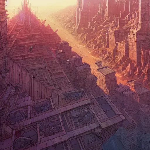 Image similar to cell shaded adult animation, a birds eye view overlooking a walled off ancient fantasy city being attacked by horrific monsters, concept art by josan gonzales and wlop, Laurie Greasley, Jordan Grimmer, Beksiński and james jean, highly detailed, sharp focus, Trending on Artstation, HQ, deviantart, art by artgem