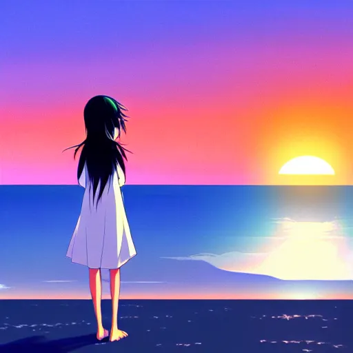 Prompt: digital illustration anime girl looking at the sunset on the beach, by miazaki, by leiji matsumoto