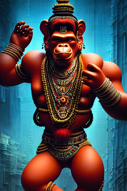 Image similar to high quality 3 d render post - rococo cyberpunk hanuman! head mumbai!, madhubani, highly detailed, morning, cinematic smooth unreal engine, lee madgwick & liam wong, dramatic light, long shot, low angle, uhd 8 k, sharp focus