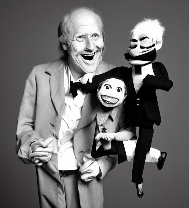 Image similar to hyper realistic old 1 9 8 0 photography of lunatic mad smiling ventriloquist old man with terrific haunted smiling puppet