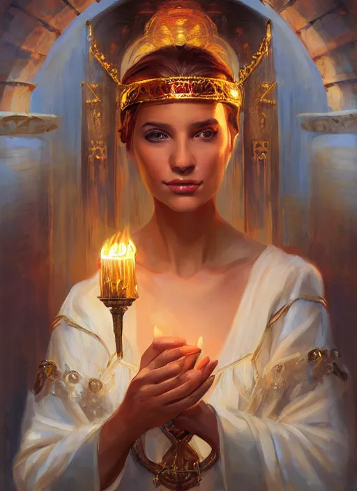 Image similar to Portrait of a beautiful priestess from the oracle of Delphi, looking into the flames, greek mythology, in the style of Julia Ustinovich, digital art, Vladimir Volegov