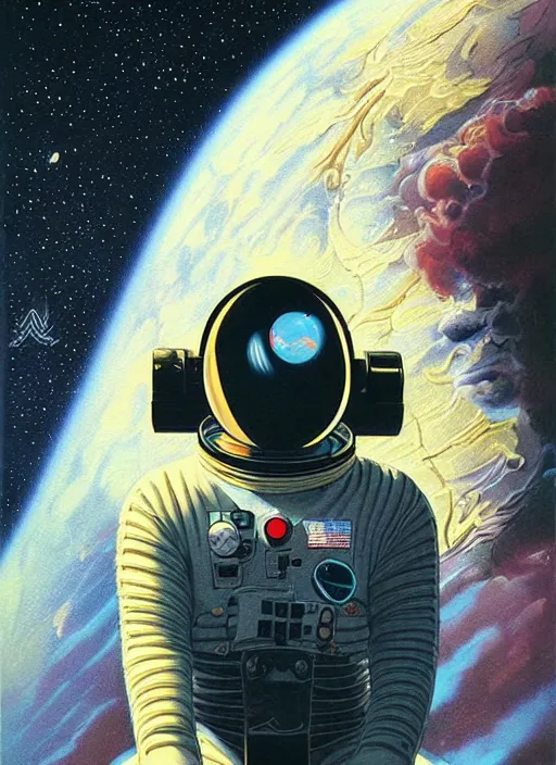 Image similar to meditating astronaut high details, intricate details, by vincent di fate, artgerm julie bell beeple, 1 9 8 0 s, inking, vintage 8 0 s print, screen print