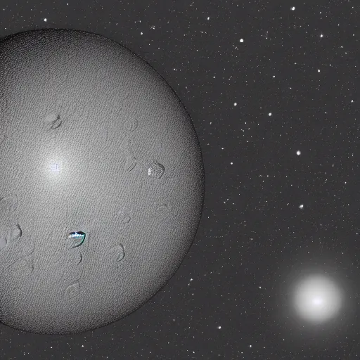 Image similar to large gray planet with hundreds of moons, coherent, greyscale, space, orbit