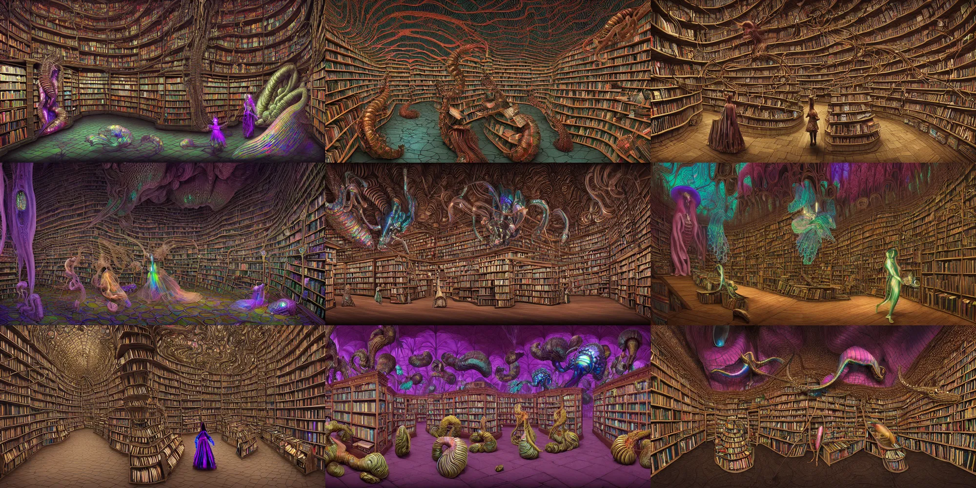 Prompt: insanely detailed generative archvis 3d render of the bookshop of giant iridescent trilobites with opalescent horns, a woman in a ghostly victorian bustle guides them, masterwork, aerochrome eyes, fungal pages, Cronenberg bookshop, by Mark Ryden, Jeff Koons, Moebius, zdzisław beksiński, houdini, siggraph, threadlike, renderfarm, unreal engine 5, simulation