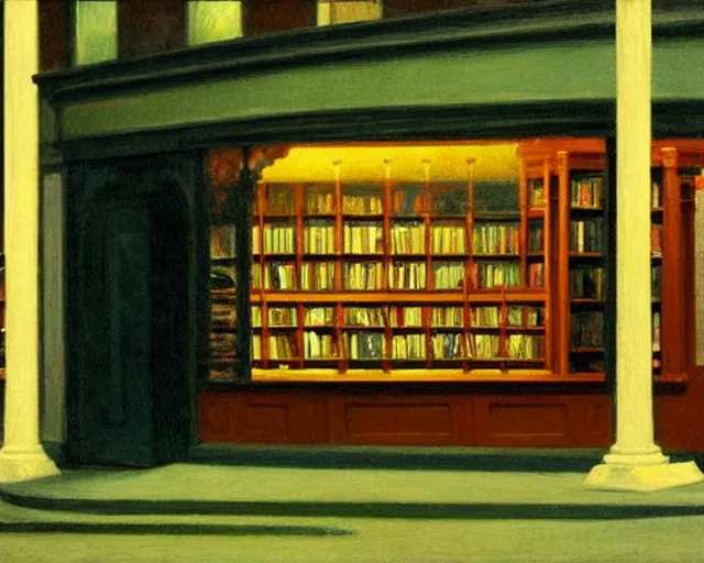 Prompt: a gloomy bookstore at night, a ghost looks towards the camera, in the style of Edward Hopper