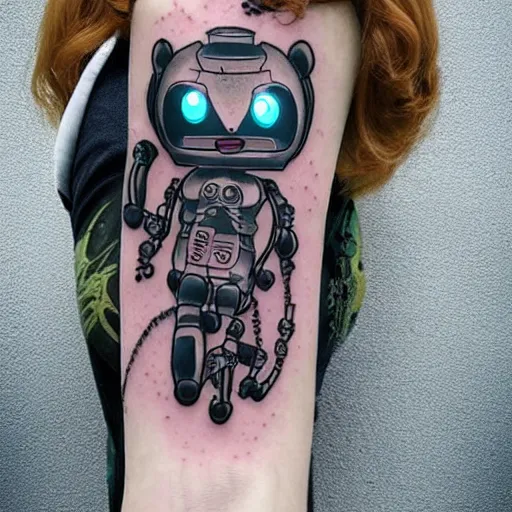 Prompt: Anime manga robot!! catgirl tattoo, cyborg catgirl, exposed wires and gears, fully robotic!! catgirl, manga!! in the style of Junji Ito and Naoko Takeuchi, cute!! chibi!!! catgirl, tattoo on upper arm, arm tattoo