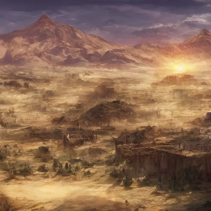 Image similar to large sprawling western town in the middle of a sandy flat desert with a single mountain on the very distant horizon. magic the gathering art, digital media