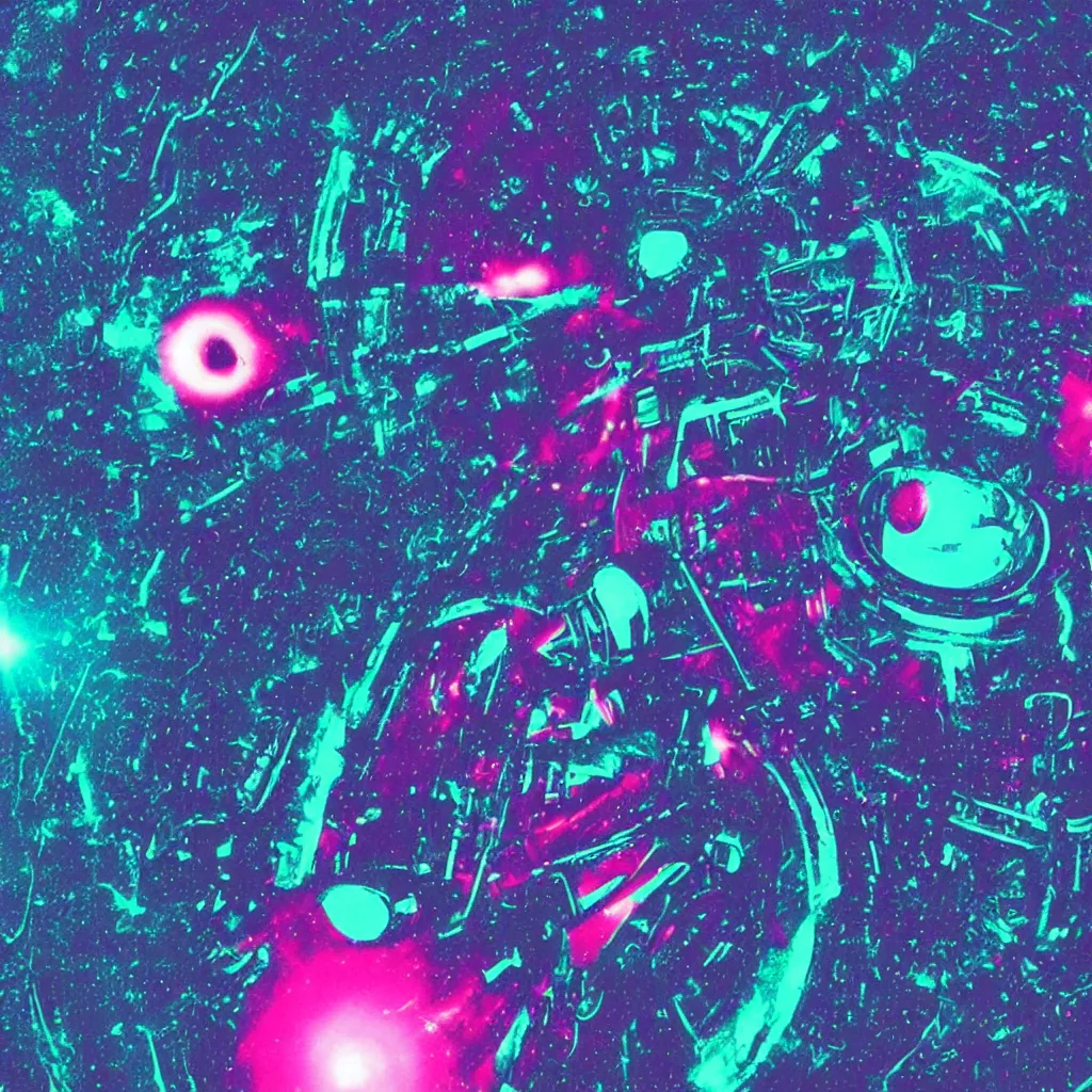 Prompt: astronaut sucked into blackhole synthwave, glitchy, reflective, holographic, anaglyph