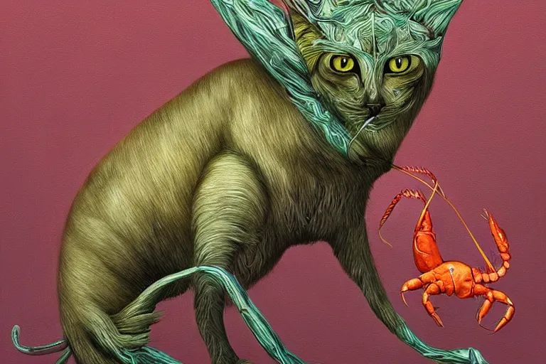 Prompt: painting of hybrid between cat!!!! & lobster, intercrossed animal, mixture animal, by tiffany bozic, by zdzislaw beksinski, logical anatomy, cold hue's, warm tone gradient background, concept art, beautiful composition, digital painting,