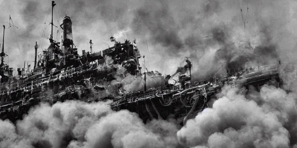 Prompt: steampunk battleship engulfed in flames and sinking with water crashing on deck, clouds of smoke, bird's eye view, cinematic full shot, high detail, 35mm film black and white photograph