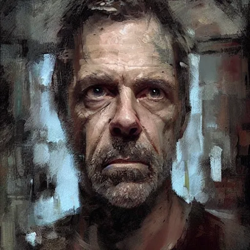 Image similar to face protrait of doctor house, realistic, ultrahd, jeremy mann painting