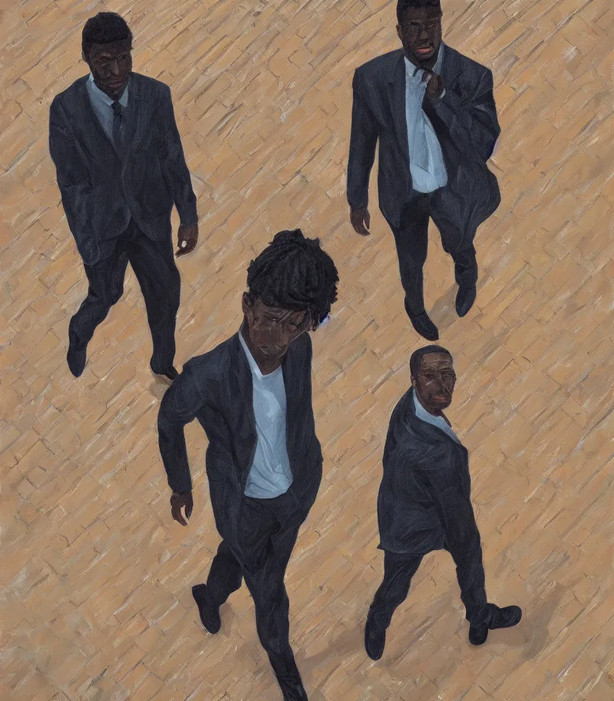 Image similar to portrait of a black man in the style of lucian freud walking towards us. camera perspective from below. hyperrealistic. discomfort