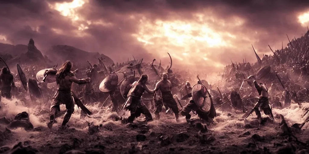 Image similar to epic battle scene Vikings versus aliens, the last stand, Epic Background, highly detailed, sharp focus, 8k, 35mm, cinematic lighting