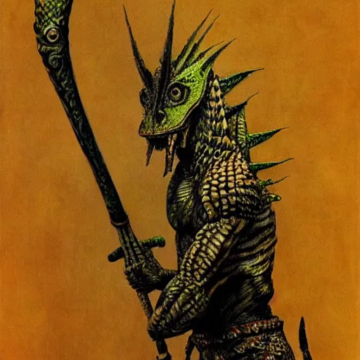 Prompt: tribal lizardman warrior concept, wielding aztec club, beksinski