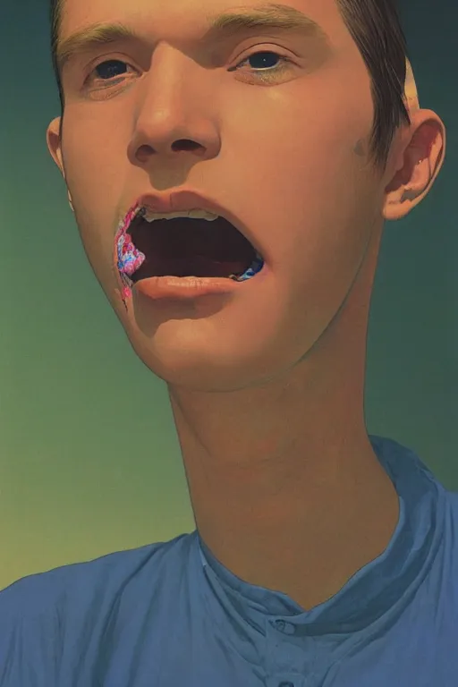 Image similar to a scifi closeup portrait of a young british man licking a blotter paper of LSD acid on his tongue and dreaming psychedelic hallucinations in cosmos, by kawase hasui, moebius, Edward Hopper and James Gilleard, Zdzislaw Beksinski, Steven Outram colorful flat surreal design, hd, 8k, artstation