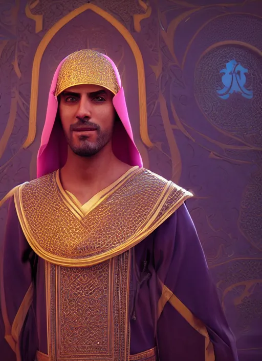 Image similar to portrait of sheikh ruler of dubai, djinn, head and torso only, cinematic lighting, studio quality, smooth render, unreal engine 5 rendered, octane rendered, art style by klimt and nixeu and ian sprigger and wlop and krenz cushart.