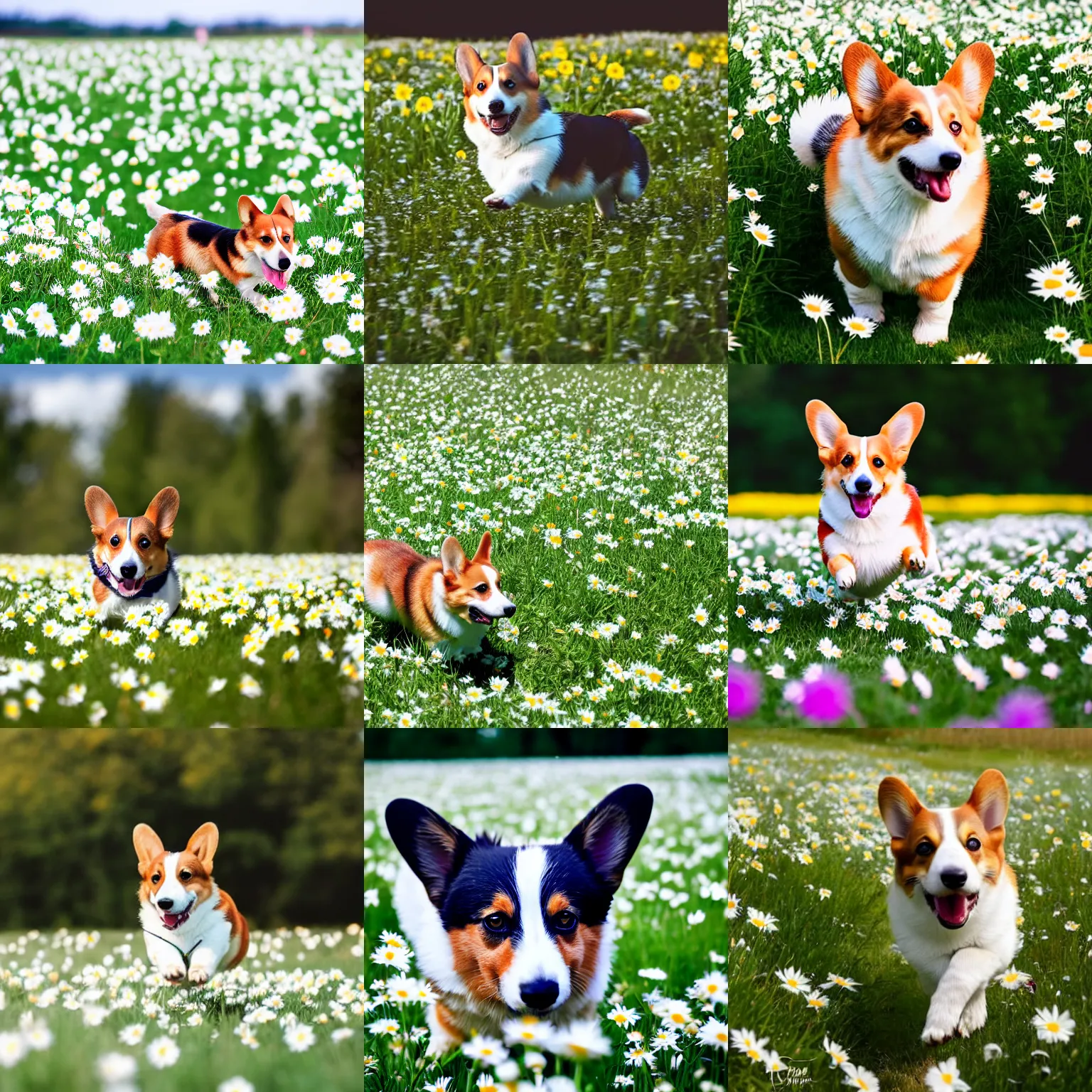 Prompt: a corgi running through a field of daisies, high quality photo, shallow depth of field