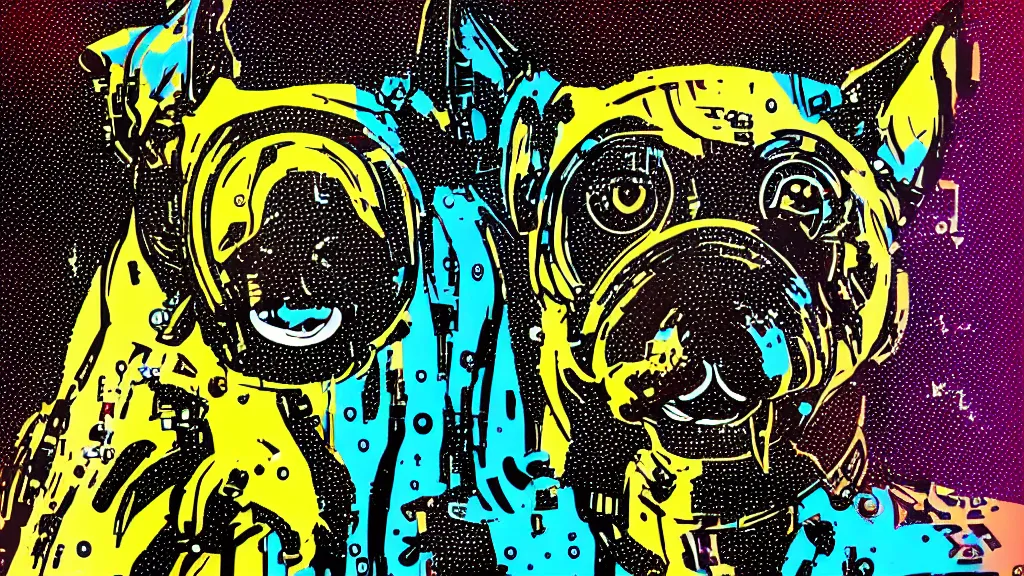 Image similar to dog futuristic japanese backlight cyberpunk by roy lichtenstein, by andy warhol, ben - day dots, pop art, bladerunner, pixiv contest winner, cyberpunk style, cyberpunk color scheme, mechanical, high resolution, hd, intricate detail, fine detail, 4 k