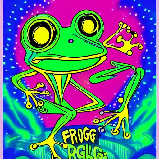 Image similar to frog rave poster, large bullfrog DJ, lots of frogs dancing on drugs, psychedelic, bright lights, loud music, intense club, cartoon, no text