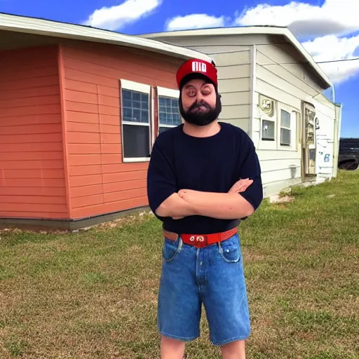 Prompt: anime ethank klein from h 3 h 3 dressed as an american redneck, standing in front of a mobile home in northern georgia, usa