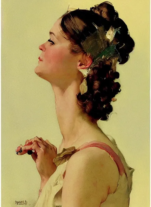 Image similar to illustration upper body and head portrait of elegant woman in summer dress, by norman rockwell, roberto ferri, daniel gerhartz, edd cartier, jack kirby, howard v brown, ruan jia, tom lovell, frank r paul, jacob collins, dean cornwell, pulp 5 0 s scifi