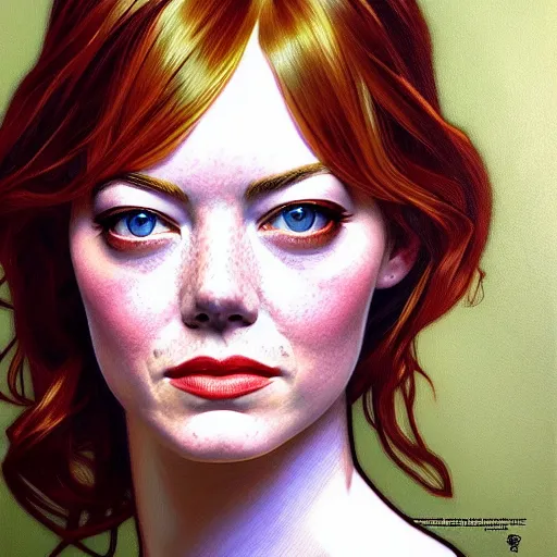 Prompt: oil portrait of emma stone, intricate, elegant, highly detailed, lighting, painting, artstation, smooth, illustration, art by greg rutowski and alphonse mucha
